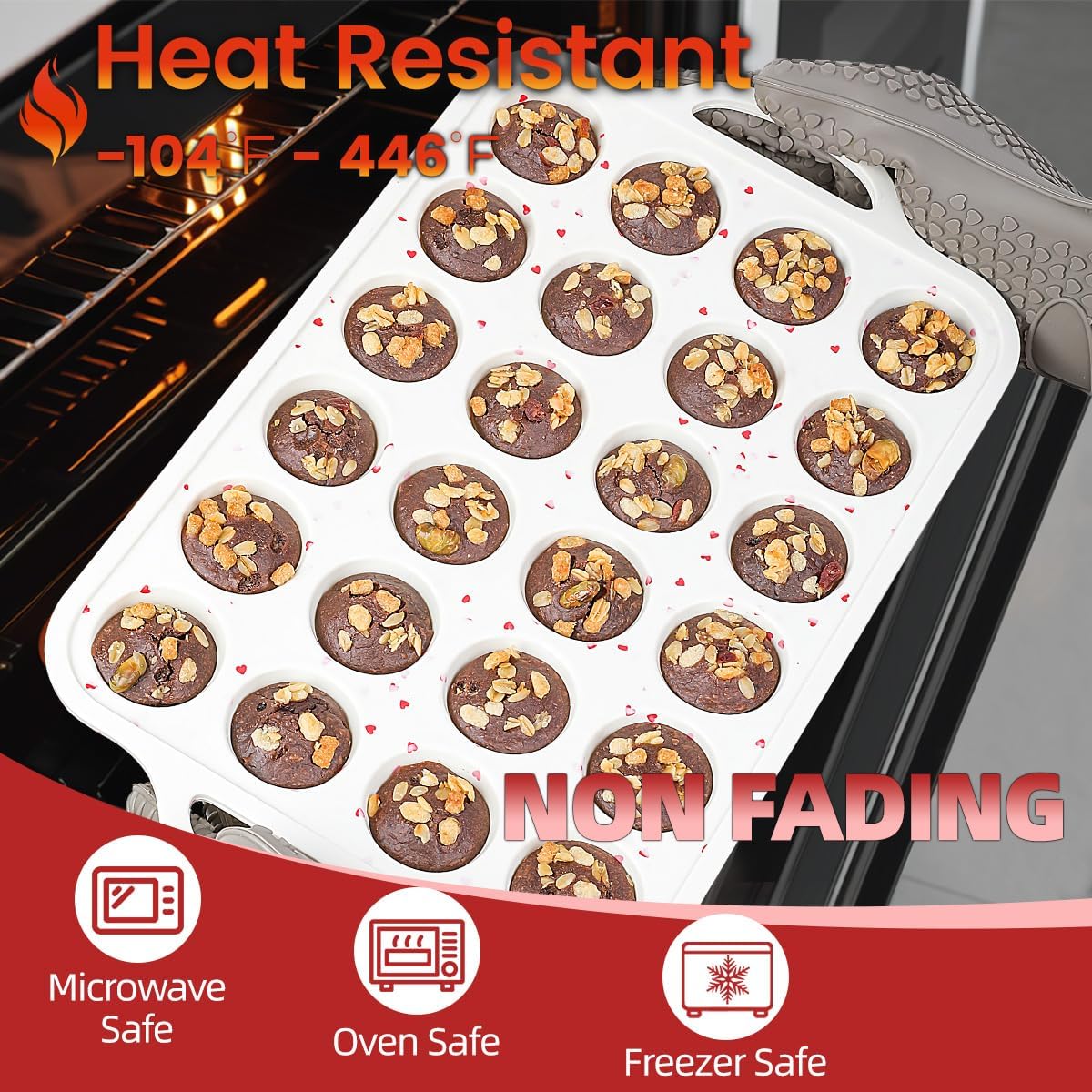 CAKETIME Mini Muffin Pan, Metal Reinforced Frame Mini Cupcake Pans 24 Cups Nonstick Muffin Silicone Molds with Handle for Baking Muffins, Cupcakes, Egg Bites 2 Pack