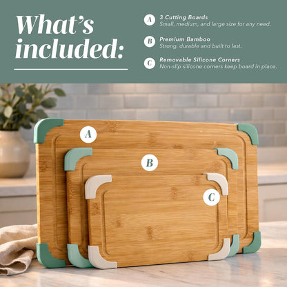 COOK WITH COLOR Non-Slip Cutting Board Set – Kitchen Essentials with Easy Grip Handle for Meat, Veggies, and Fruits, 3 Cutting Boards, Bamboo Non-Slip Grey