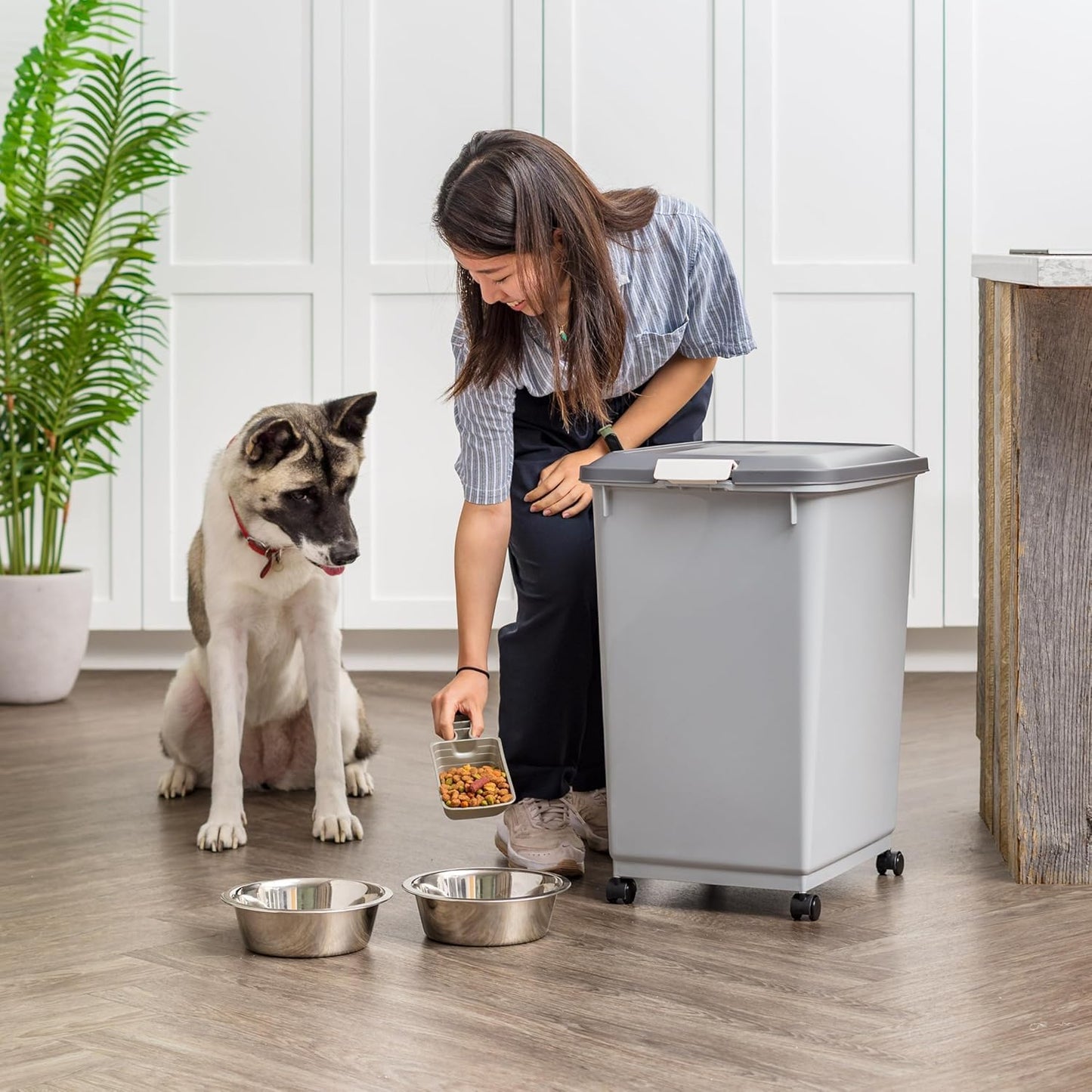 IRIS USA Dog Food Storage Container with Wheels, Airtight Lid, 2-Cup Scoop, Up to 30 Pounds Pet Food Storage, Built in Scoop Storage in Lid, Versatile Pet Food Bin, Portable, BPA Free, Gray/Dark Gray