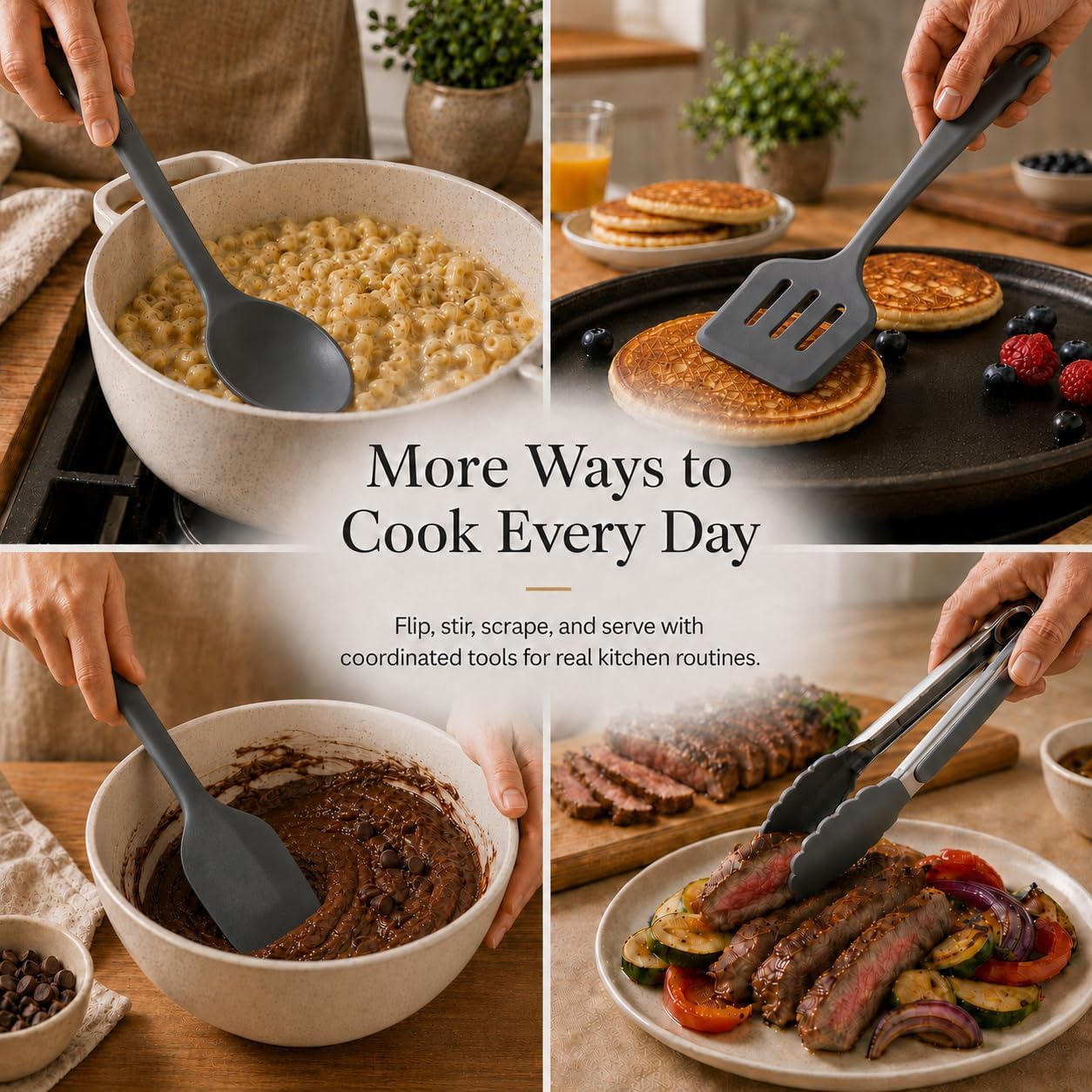 Silicone Cooking Utensil Set with Holder & Spoon Rest, -22°F to 446°F Heat Resistant Kitchen Utensils Set, Nonstick Cookware Safe Spatula Set, Spoon, Ladle, Tongs, Whisk, Pasta Server, Gray