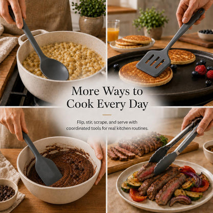 Silicone Cooking Utensil Set with Holder & Spoon Rest, -22°F to 446°F Heat Resistant Kitchen Utensils Set, Nonstick Cookware Safe Spatula Set, Spoon, Ladle, Tongs, Whisk, Pasta Server, Gray