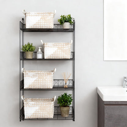 15L Laundry Baskets Waterproof Storage Baskets For Shelves Large Laundry Hamper With Leather Handle -set of 4 Cube Organizers Woven Bins for Bathroom,Bedroom,Pantry,Clothes,Car & Towels-Brown