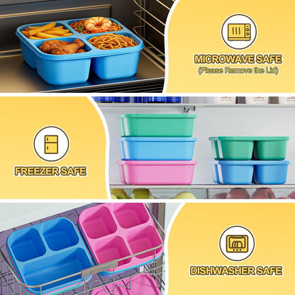 6 Pcs Snack Box Container Set, Reusable 3&4 Compartment Meal Prep Snack Containers for Adults Kids Toddler, BPA-Free Divided Lunchable Container for School, Work and Travel (Transparent Lids)