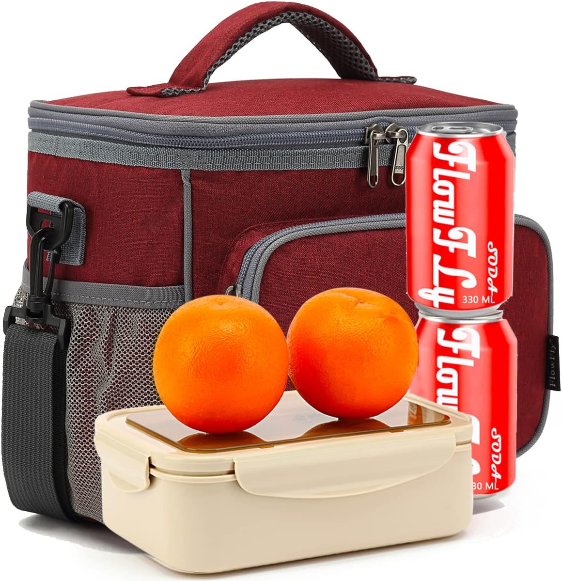 FlowFly Insulated Reusable Lunch Bag Adult Large Lunch Box for Women and Men with Adjustable Shoulder Strap,Front Zipper Pocket and Dual Large Mesh Side Pockets,Cherry - Colors A
