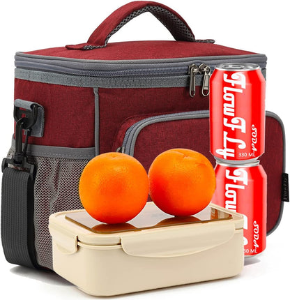 FlowFly Insulated Reusable Lunch Bag Adult Large Lunch Box for Women and Men with Adjustable Shoulder Strap,Front Zipper Pocket and Dual Large Mesh Side Pockets,Cherry - Colors A