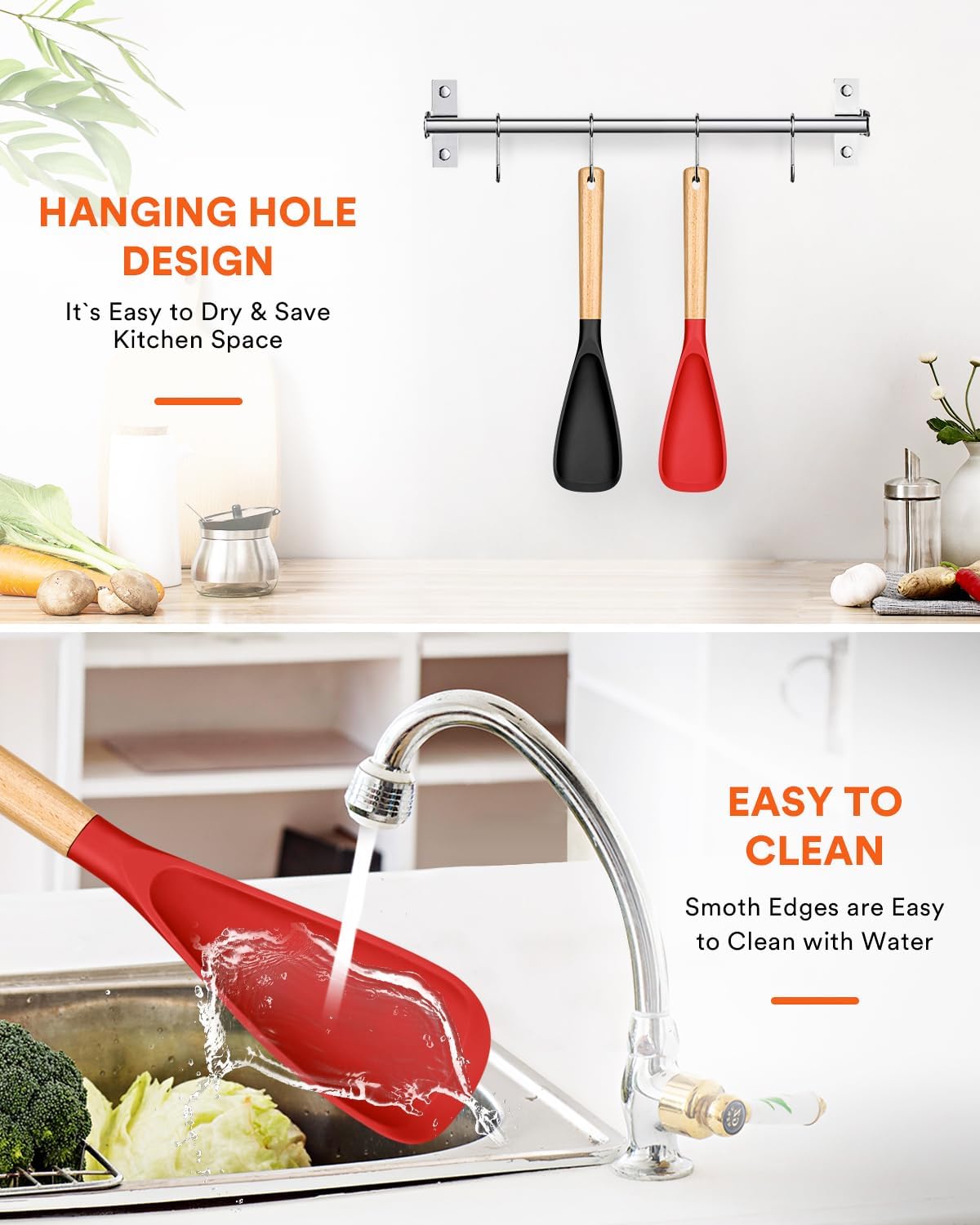 Cooking Spoon for Nonstick Cookwares, Great for Cooking and Serving Sturdy BPA-Free Matte Silicone, Wood Handle Spoon for Mixing, Scoop, and Scrape (Black & Grey, 11.4 inch)