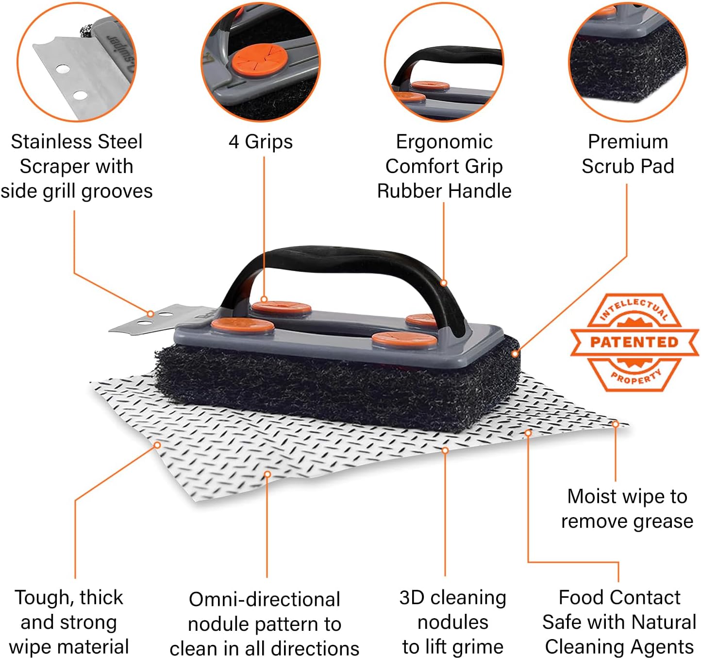 Proud Grill Q-Swiper Grill Cleaner Set - Bristle & Wire-Free Brush with Scraper & 80 Moist Wipes - BBQ Smoker Cleaner Kit, Safe for Outdoor Griddle Grates, Grease & Grime Remover, BBQ Gift for Mom