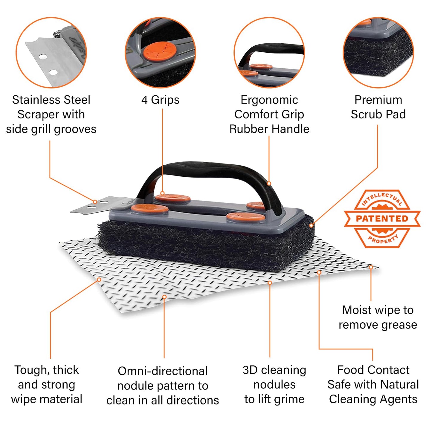 Proud Grill Q-Swiper BBQ Grill Cleaner Set - 1 Grill Brush with Scraper and 25 BBQ Grill Cleaning Wipes, Bristle-Free & Wire-Less, Safe Way to Remove Grease and Grime, Ideal Mens Birthday Gifts