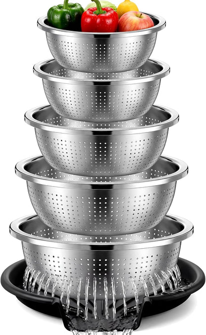 Hushee 5 Pcs Stainless Steel Colander Set with Self-draining Base, 5 Size