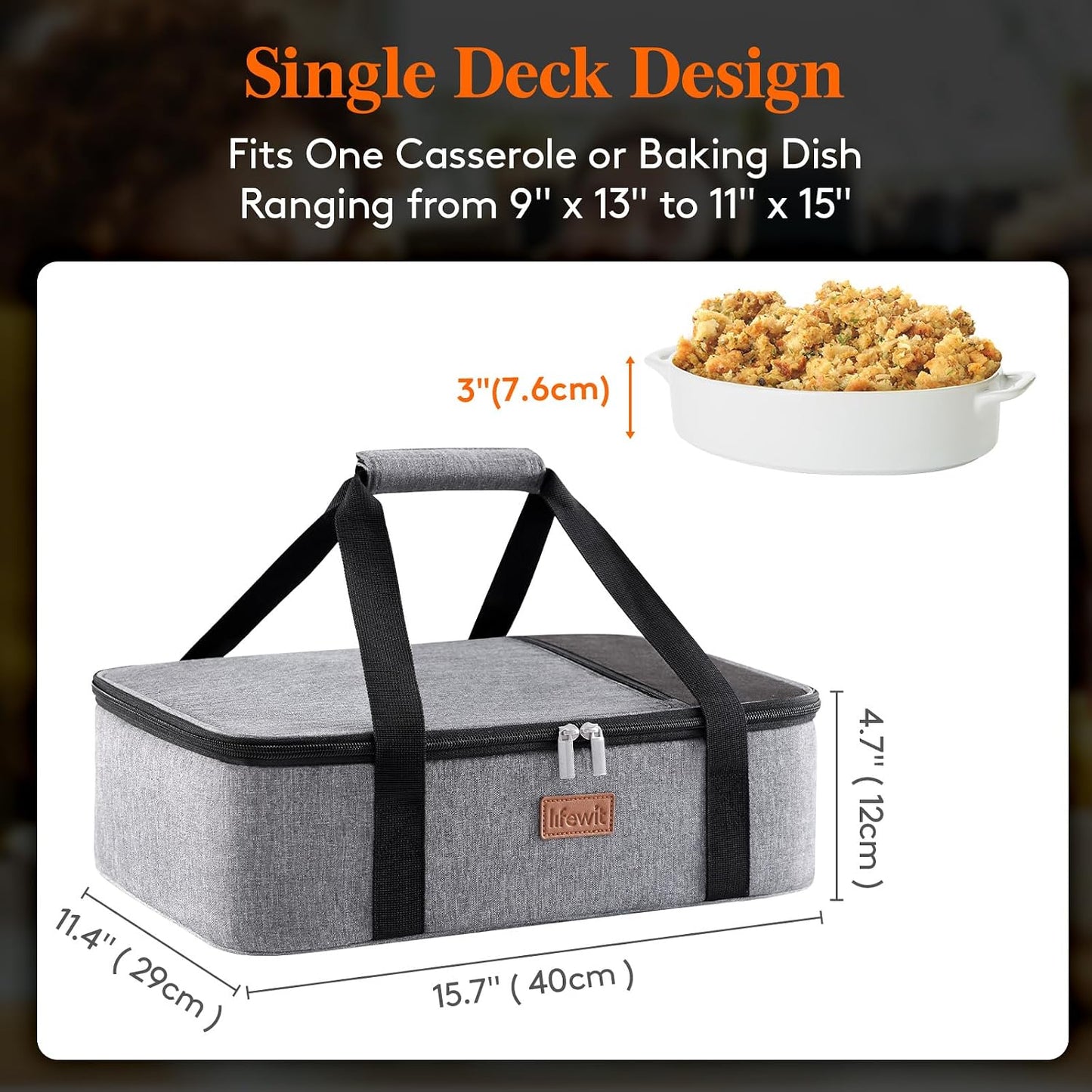 Lifewit Insulated Double Decker Casserole Carrier for Hot or Cold Food, Casserole Dish Carrying Case, Lasagna Holder for Potluck Parties, Picnic and Cookouts, Fits 9"x13" Baking Dish, Grey