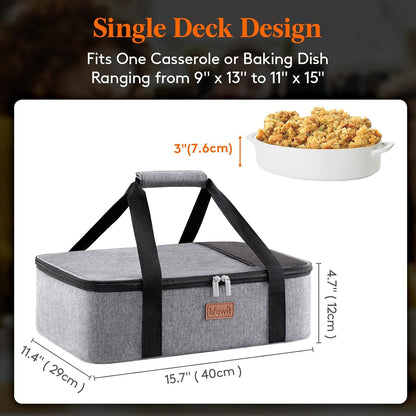 Lifewit Insulated Double Decker Casserole Carrier for Hot or Cold Food, Casserole Dish Carrying Case, Lasagna Holder for Potluck Parties, Picnic and Cookouts, Fits 9"x13" Baking Dish, Grey