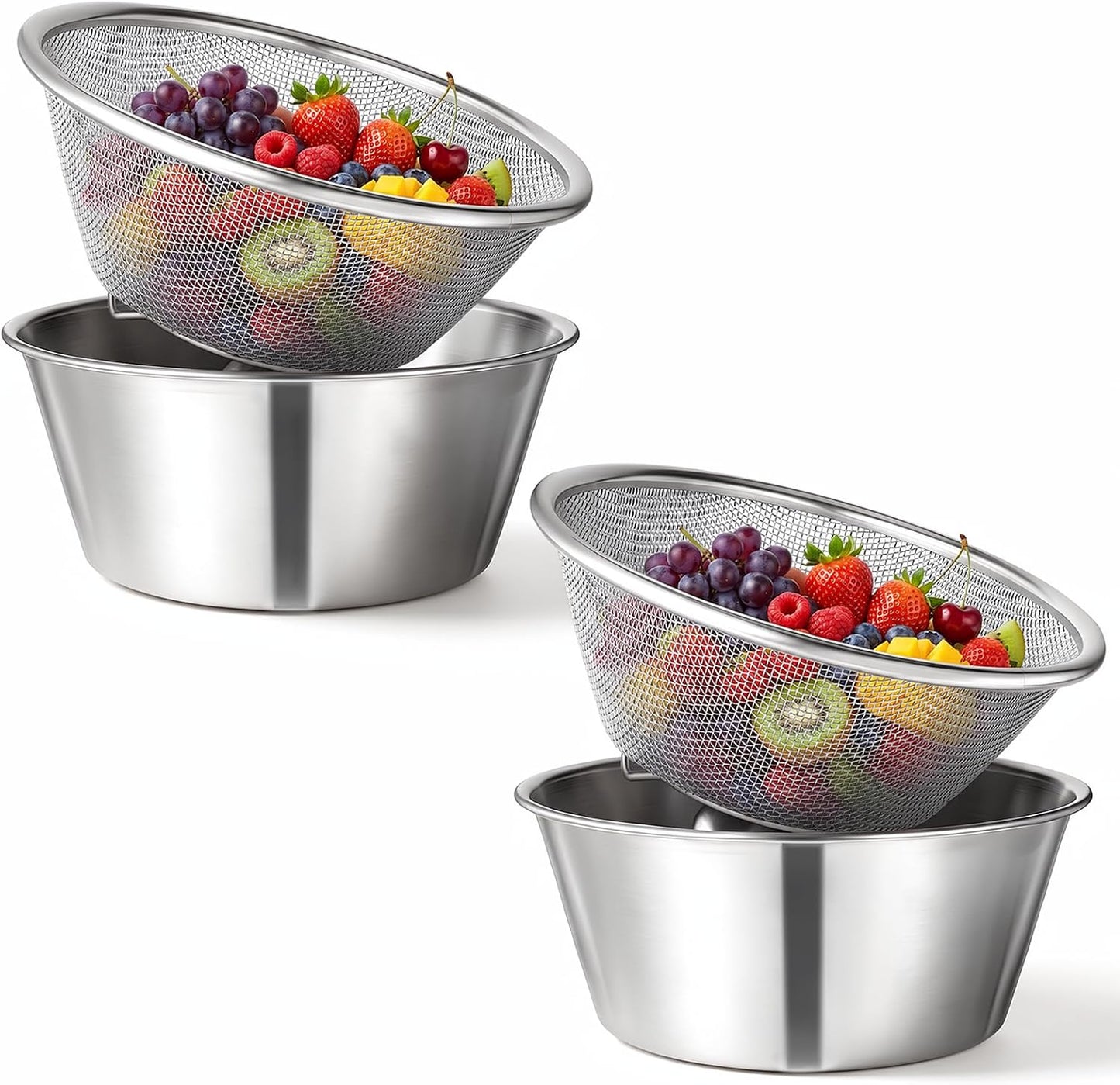 4 Pcs 304 Stainless Steel Colander with Mixing Bowl, Mini Rice Strainer with Bowl, Stainless Steel Small Mixing Colander for Kitchen Cooking, Washing Fruits and Vegetables(900ML & 600ML)