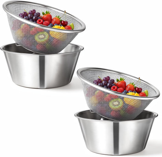 4 Pcs 304 Stainless Steel Colander with Mixing Bowl, Mini Rice Strainer with Bowl, Stainless Steel Small Mixing Colander for Kitchen Cooking, Washing Fruits and Vegetables(900ML & 600ML)