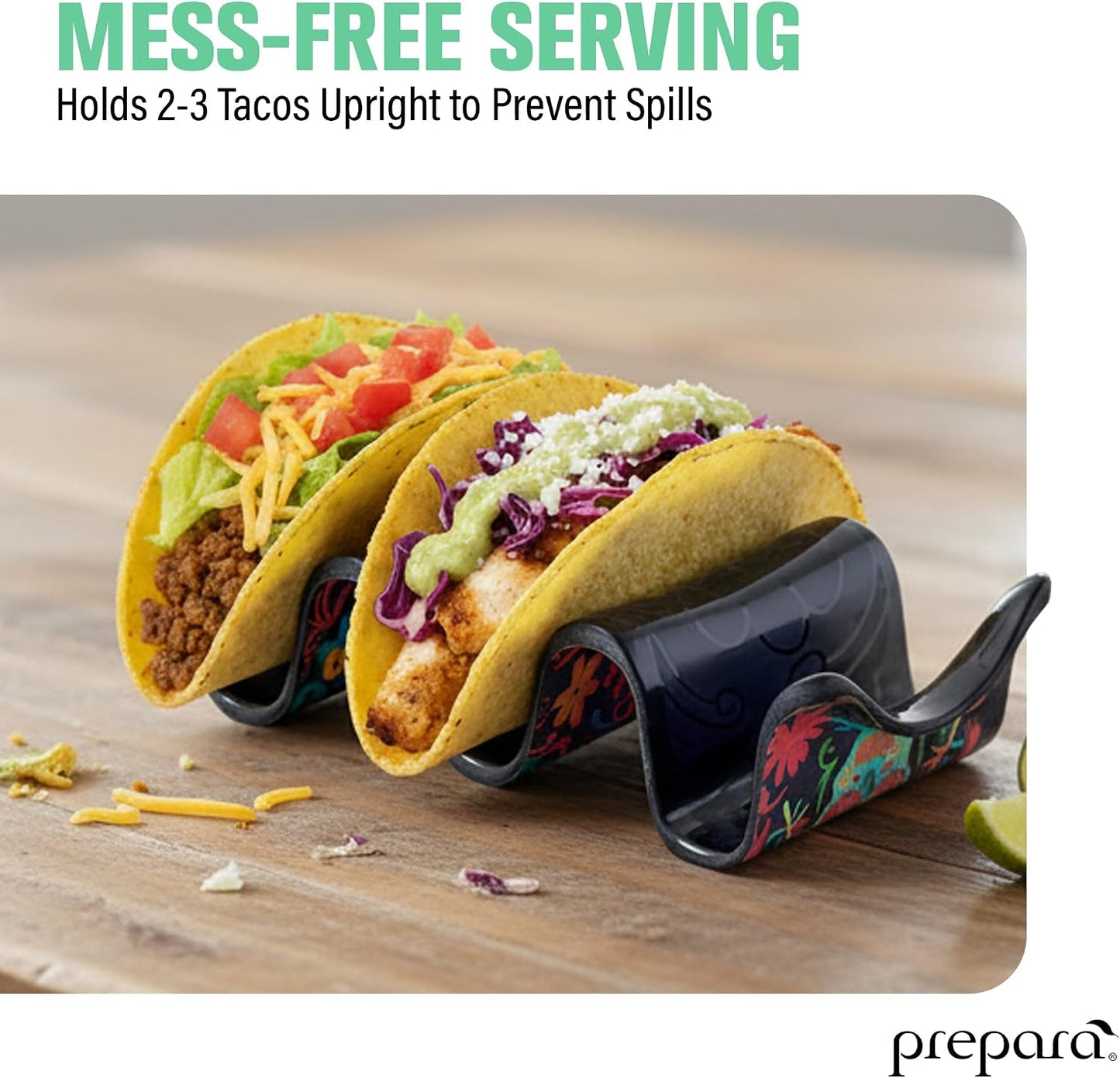 Prepara Taco Holder, Day of the Dead Design - Decorative Soft/Hard Shell Stand, Durable Melamine Food Organizer for Día de los Muertos, Festive Serveware for Taco Nights & Restaurant Use (3-Pack)