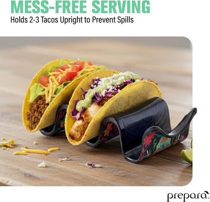 Prepara Taco Holder, Day of the Dead Design - Decorative Soft/Hard Shell Stand, Durable Melamine Food Organizer for Día de los Muertos, Festive Serveware for Taco Nights & Restaurant Use (3-Pack)