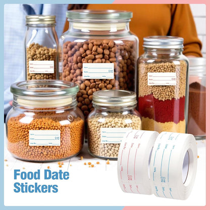 2 Rolls 1000 Pieces Removable Food Labels, 1 x 2 Inch Date Stickers for Freezer, Refrigerator Food Containers - Easy to Write On