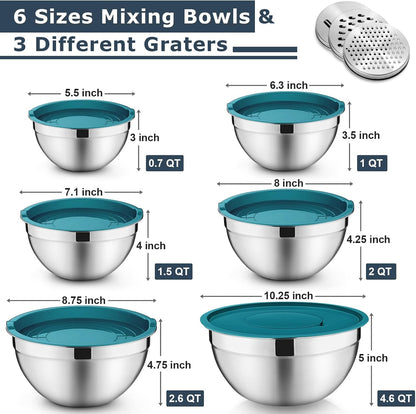 P&P CHEF Mixing Bowls with Lids Set of 6, Stainless Steel Nesting Salad Bowl & 3 Grater Attachments for Prepping Storing, 4.6/2.6/2/1.5/1/0.7 QT, Khaki