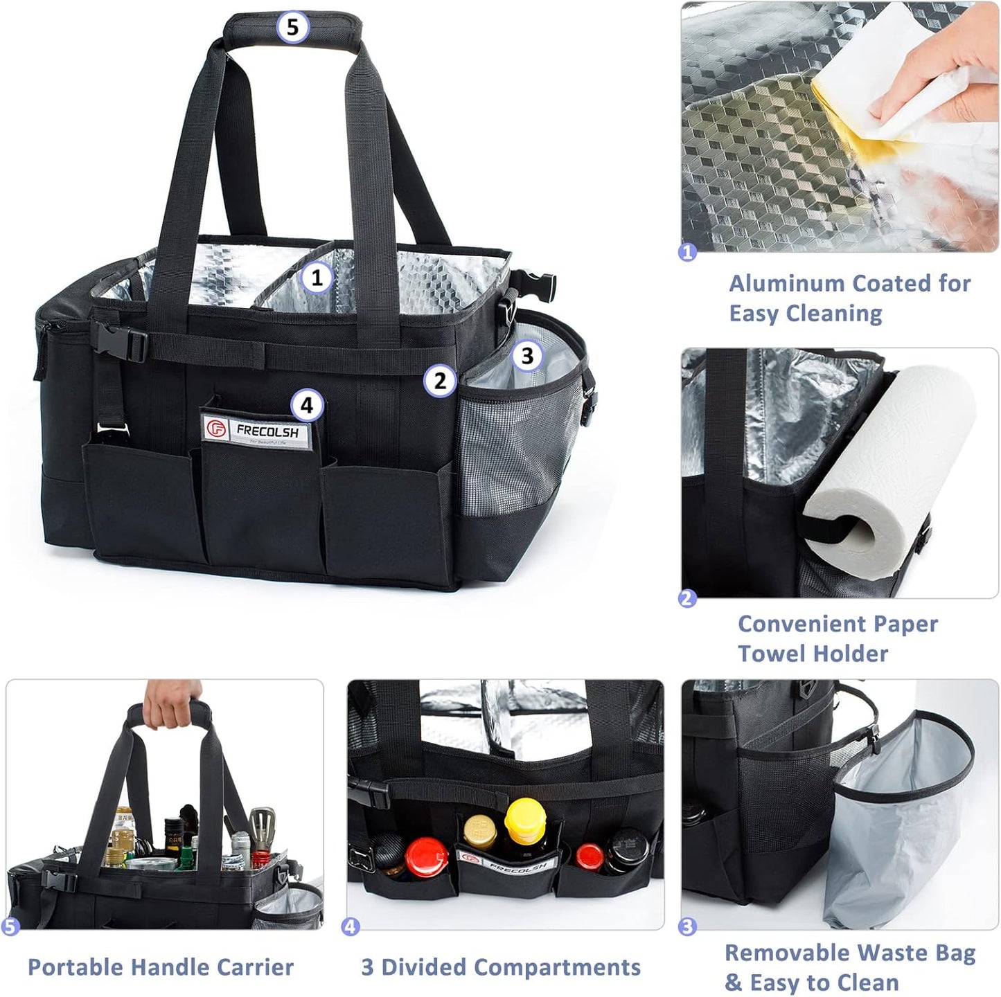 FREECOLSH Black Waterproof Caddy, 16" x 11" x 11", with Detachable Strap and Shoulder Pad for Carrying Utensils and Camping Supplies