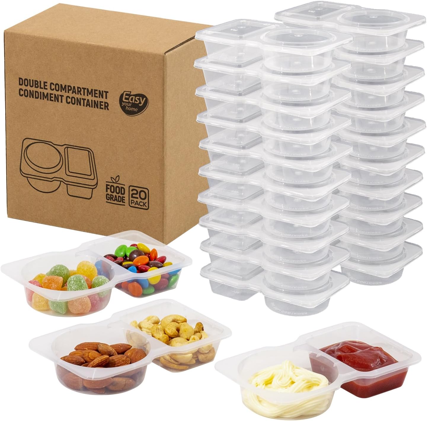 10 Sets Double Compartment Condiment Containers with Lid, Small Plastic Clear Container for Sauce Snack Refrigeration Outdoor Takeaway, Food Grade BPA-Free