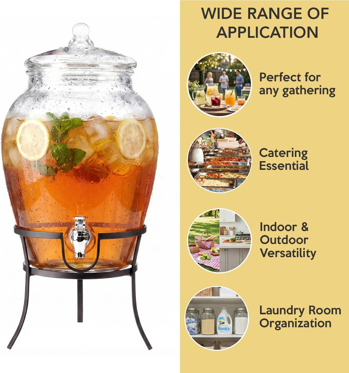 Style Setter Beverage Dispenser Cold Drink Dispenser Glass Jug, Metal Stand & Leak-Proof Acrylic Spigot Great for Parties, Weddings & More (With Metal Rack)