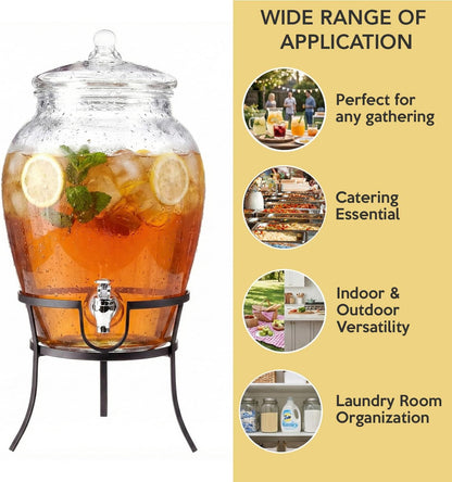 Style Setter Beverage Dispenser Cold Drink Dispenser Glass Jug, Metal Stand & Leak-Proof Acrylic Spigot Great for Parties, Weddings & More (With Metal Rack)