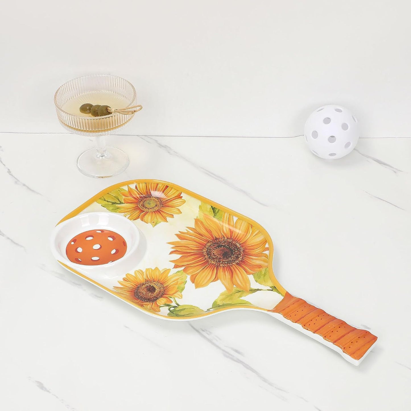 UPware Flamingo Melamine Chip and Dip Snack Tray, Tropical Floral Pickleball Paddle Shape Platter for Chips, Salsa, Fruits, and Appetizers, 15.75 x 8 Inch