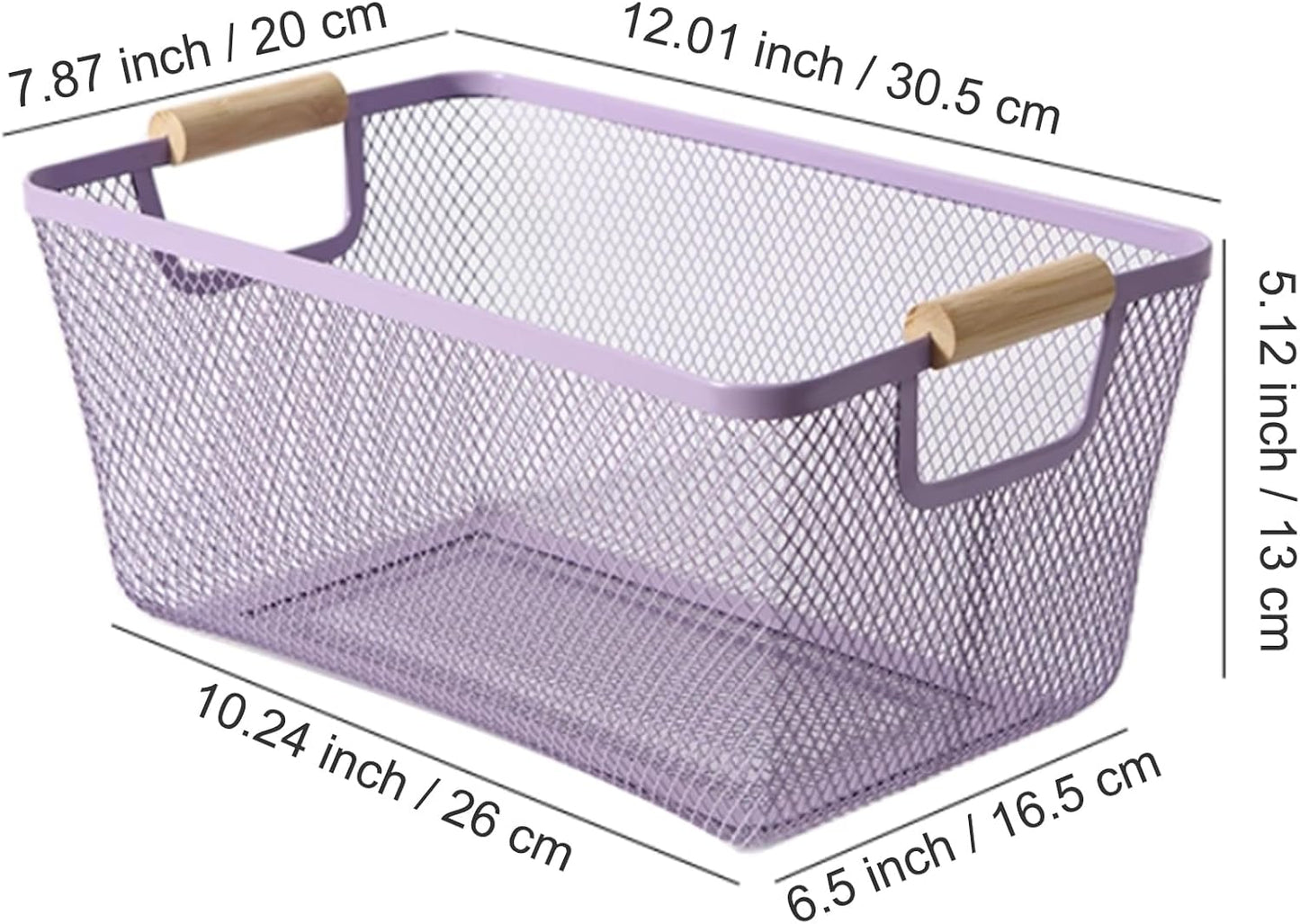 AJIODA Metal Mesh Steel Basket, Large Wire Storage Organizer Basket Multi-function Hanging Kitchen Baskets with Wood Handle for Kitchen Bathroom Picnic Home, Rectangle-Off White