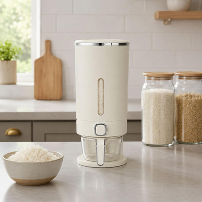 ROOM127 Slim Rice Dispenser 11 Lbs, Airtight Rice Storage Container with Measuring Cup, One-Touch Dry Food & Cereal Dispenser with Clear Window for Kitchen Countertop, Milk Tea Brown