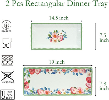 2 pcs Melamine Tray Set with Strawberry Design, 19 Inch and 14.5 Inch Large Serving Plates, Unbreakable Dinnerware for RV, Camping, Party, Easy Clean