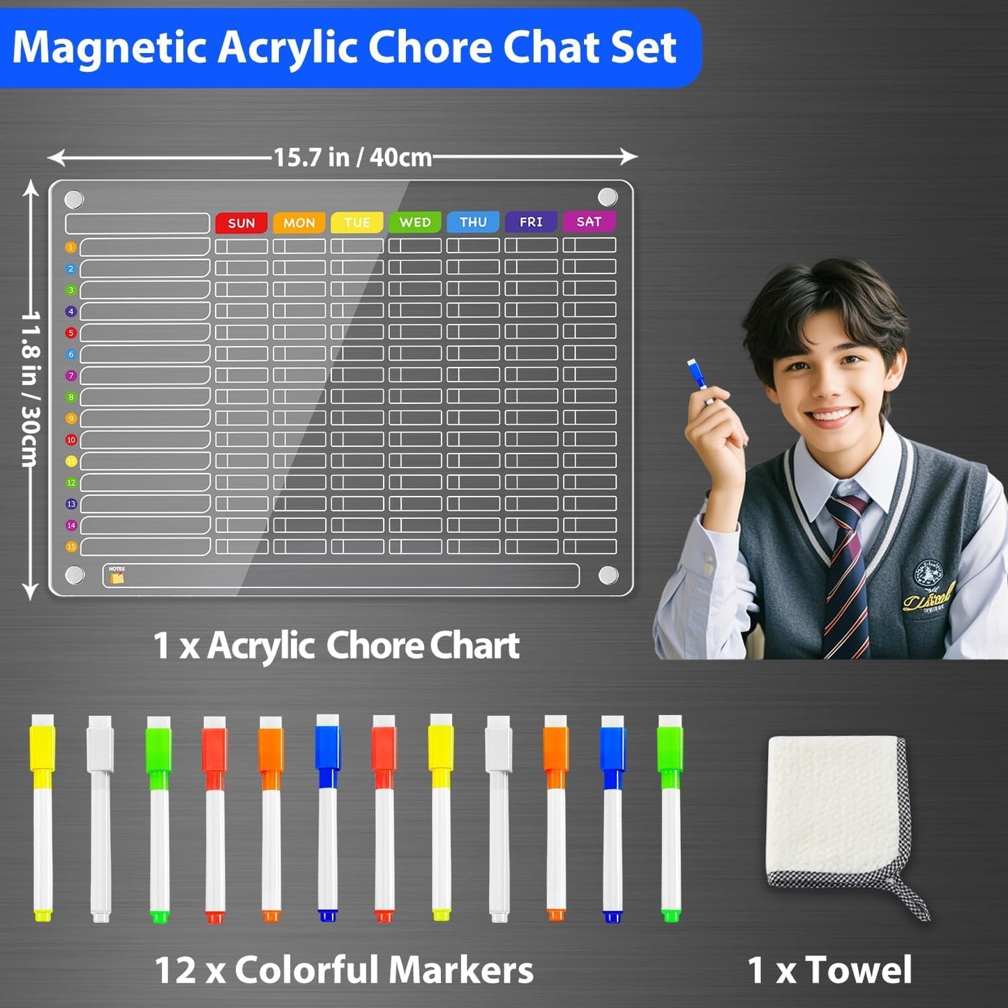PigPotParty 2-in-1 Acrylic Magnetic Chore Chart for 2 Kids, Couples, Roommates, 15"x11" Large Dry Erase Chore Board for Fridge, Clear Weekly & Daily Reward Chart, Includes 12 Markers & Towel