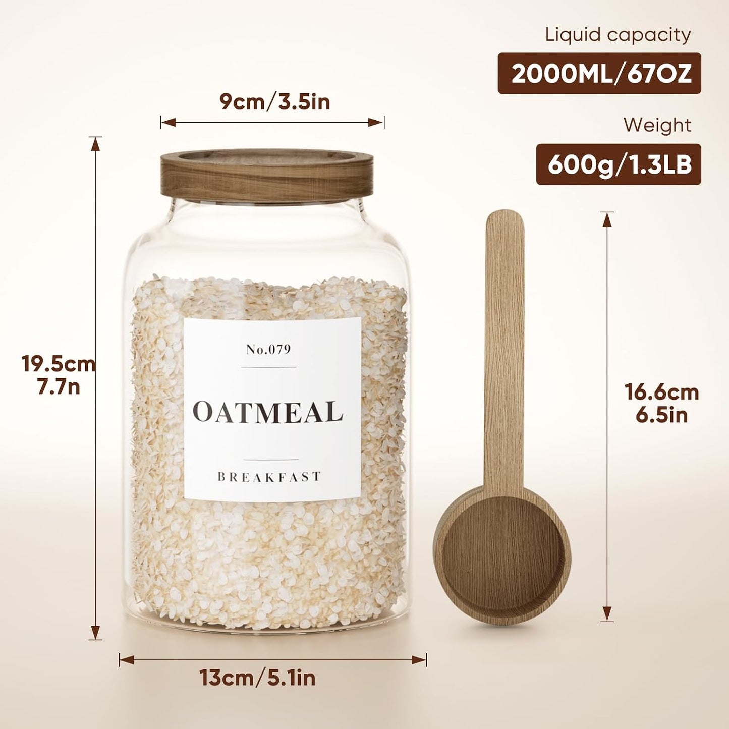 2 PCS Flour Sugar Storage Containers Glass Jar, 4000ml/1 Gallon/4.2 Qt/135oz,Large Glass Food Storage Jars with Wood Airtight Lids,for Tea,Spice,Cereal Rice Flour Pasta Sugar