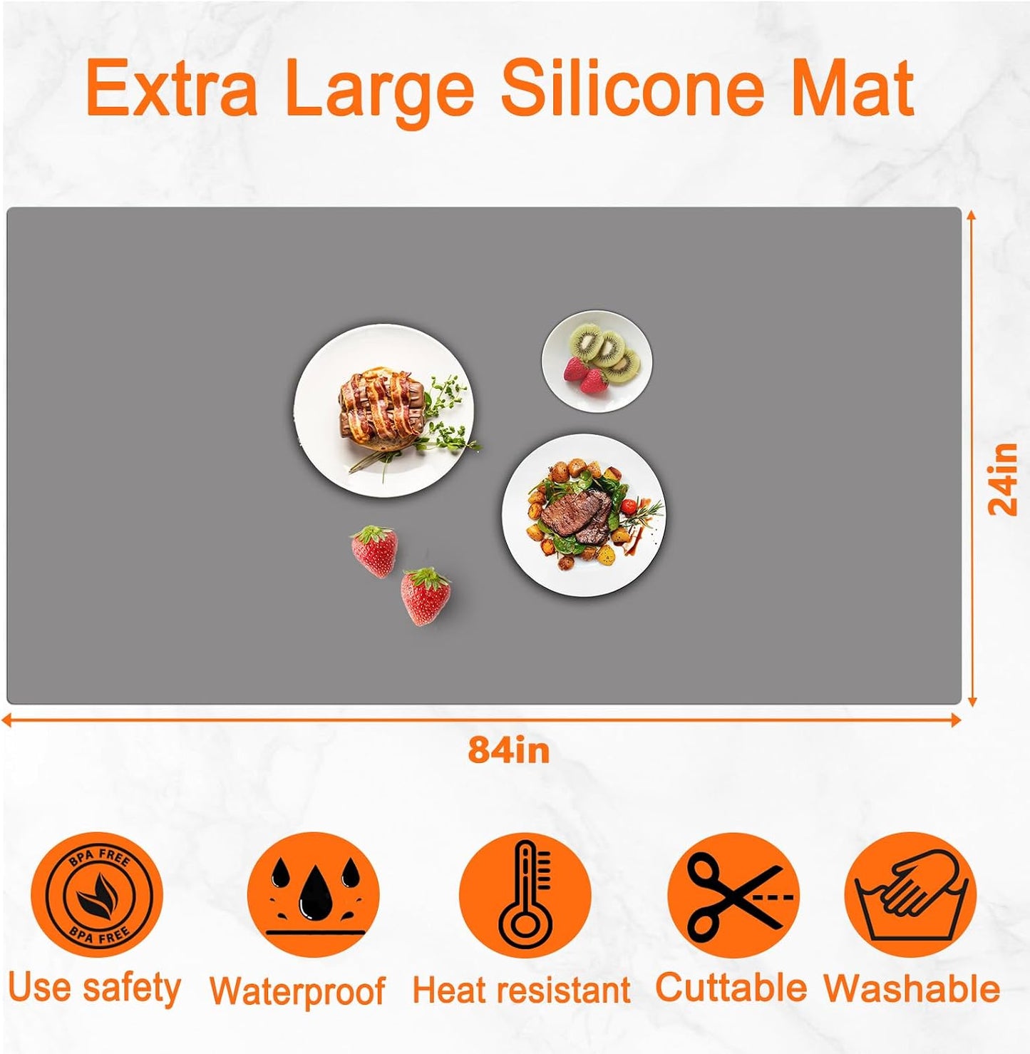 72''x16'' Extra Large Silicone Mat for Kitchen Counter, Heat Resistant Countertop Protector, Non-Slip Waterproof Kitchen Island Mat, Easy to Clean, Light Gray