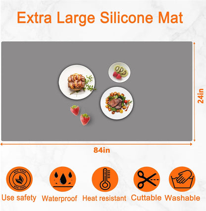 72''x16'' Extra Large Silicone Mat for Kitchen Counter, Heat Resistant Countertop Protector, Non-Slip Waterproof Kitchen Island Mat, Easy to Clean, Light Gray