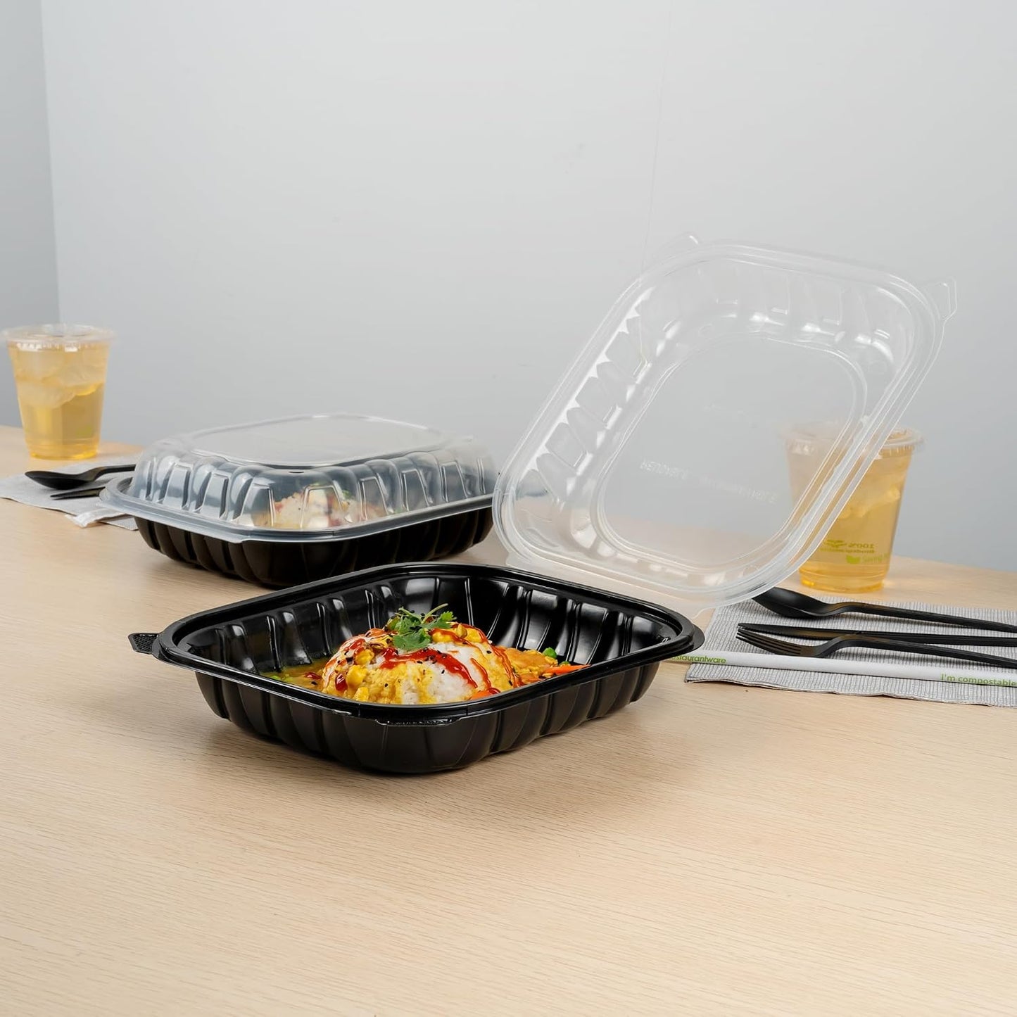 Thermo Tek 40 Ounce Clamshell Containers, 50 Disposable Take Out Boxes - 3 Compartments, Ventilated Lids, Black Plastic Meal Prep Containers, Microwavable, For Pasta Or Salads - Restaurantware
