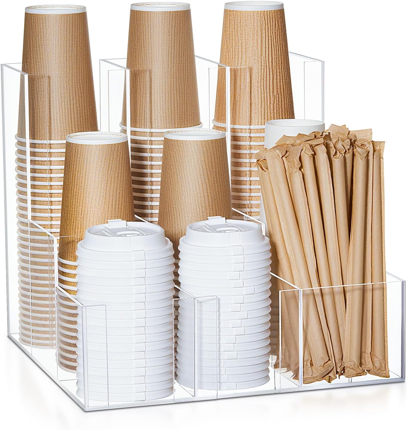 CroBlissful Wooden Vertical Coffee cup and lid dispenser, coffee condiment organizer, 9 Compartment for Disposable Paper & Plastic Cup, for cabinet Station Home Countertop Bar 13''l x 13''w x 12''h