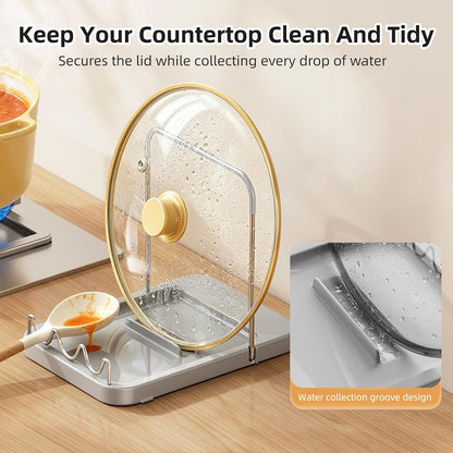 Pot Lid Holder with Wavy Spoon Rest for Kitchen Counter