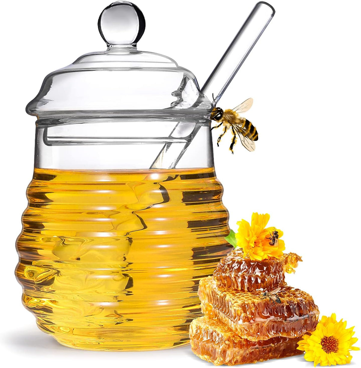 Honey Jar with Dipper and Lid,Glass Honey Pot Container Dispenser,Clear Glass Honey Container for Home Kitchen,Store Honey and Syrup,Easy to Clean… (12oz)