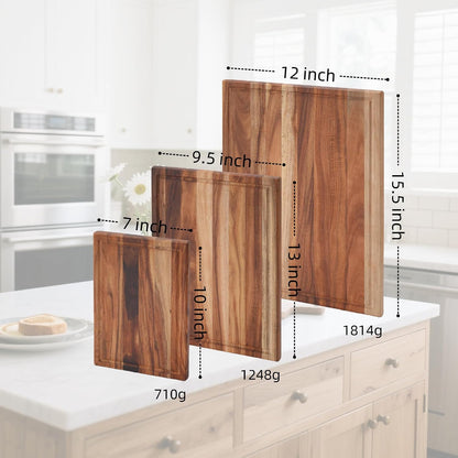Acacia Wood Cutting Board Set with Stand | 3 Pcs Knife-Friendly Non-Slip Wooden Cutting Boards for Kitchen | 0.7″Thick Butcher Block | Large Solid Chopping Boards with Juice Groove
