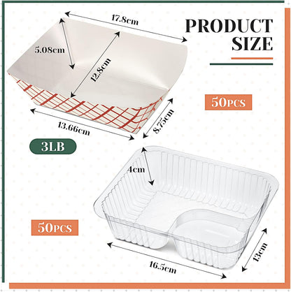 Yerliker 100 Pcs Disposable Tray Set 50 Plastic Nacho & 50 3 lb Paper Food Trays Food Boats Popcorn Chip Holder for Carnivals, Movie Theater, Concession Stand Supplies & Snack(Stripe Style)