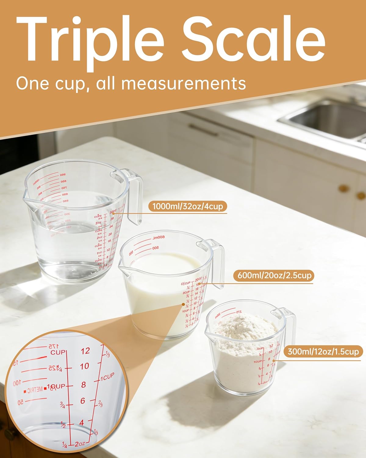 Measuring Cups, Plastic Measuring Cups Set of 3-1000ml, 600ml, 300ml with Spout & Easy-Pour Design, Leak-Proof, Cooking, Baking, Liquid & Dry Ingredients, (ML/OZ/CUP)