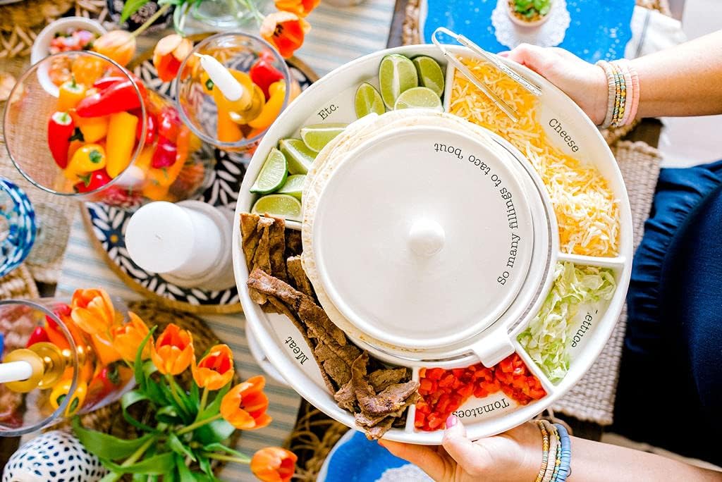Mud Pie Taco Bar And Tortilla Warmer, 2" x 15" dia | tongs 7", White