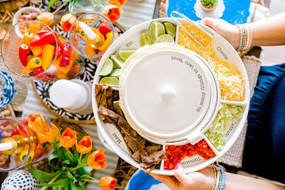 Mud Pie Taco Bar And Tortilla Warmer, 2" x 15" dia | tongs 7", White