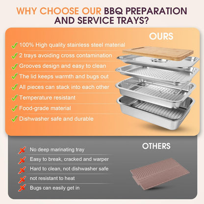 6-in-1 Grilling Prep and Serve Trays Set, 15.7" Stainless Steel Grill Carry System with Lid, Punched Tray, Draining Rack and Bamboo Cutting Board, BBQ Meat Marinade Container, Grilling Gifts for Men