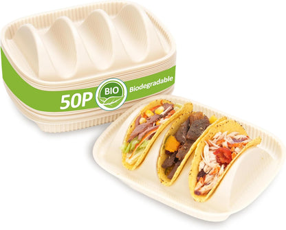 50-Pack Disposable Taco Plates for 2 Tacos & 2 Sides - For Most 4-6 IN Small Hard Shells - Biodegradable Cornstarch Holder Plates - Microwave Safe - Ideal for Fiesta, Bar, Party