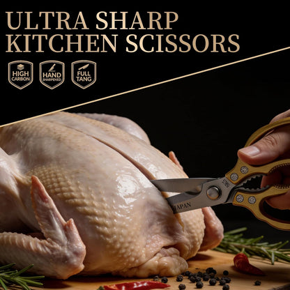 Kitchen Scissors Set Gold, Kitchen Shears, Sharp Meat Cutting Scissor Dishwasher Safe, Poultry Shear Heavy Duty, Japan Cooking Kitchen Scissors for Food Chicken Shears, Gifts for Men Women