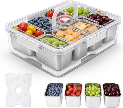 Homelove Snackle Box Container with ice-pack, Snack Container Divided Serving Tray with 8-Compartment Snack Platter, Lid and Handle, Food Organizer for Outdoor Travel Party Beach Picnic