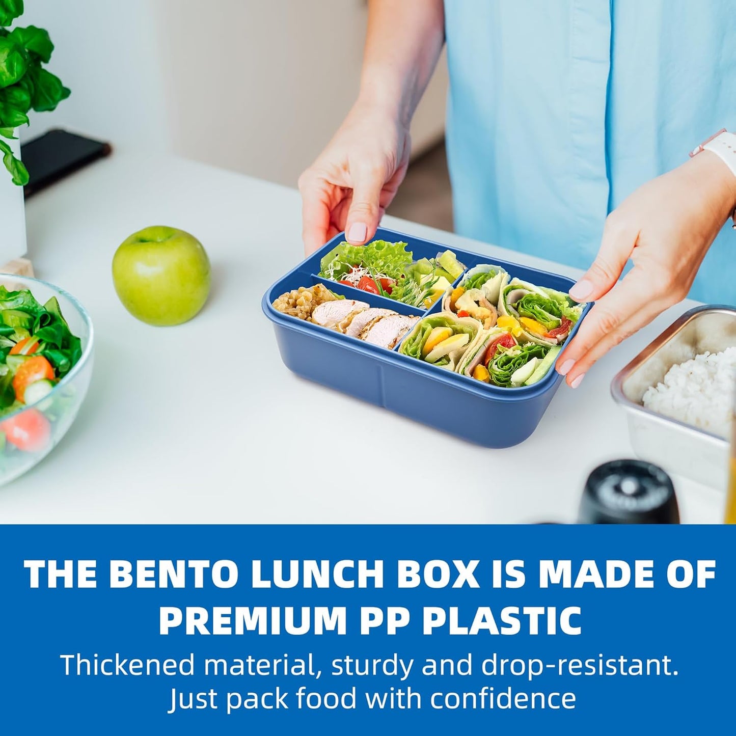Fanhaw 40 Oz/5 Cup Bento Box for Kids, Men and Women, Lunch Box with 3 Compartments, Utensil, Microwave & Dishwasher Safe (Green)