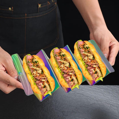 Gold Taco Holder Stand with Handles for Party, Set of 6 Stainless Steel Taco Tray, Rack Holds Up to 3 Tacos Each Stackable storage, Dishwasher Oven safe