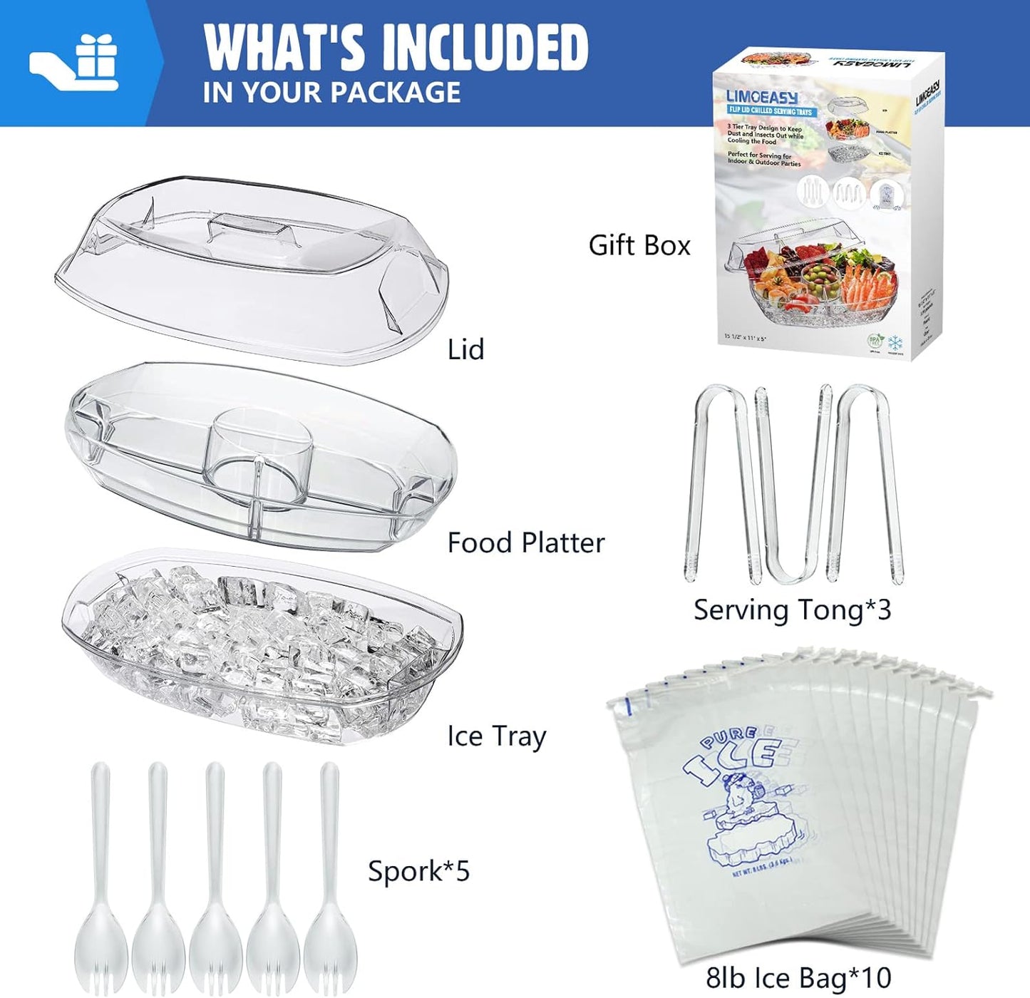 LIMOEASY Chilled Veggie Tray, 15 Inch Clear Party Platter with 4 Compartments, Ice Serving Bowl with Lid, Cold Food Buffet Server for Fruit, Vegetable, Appetizer, Shrimp