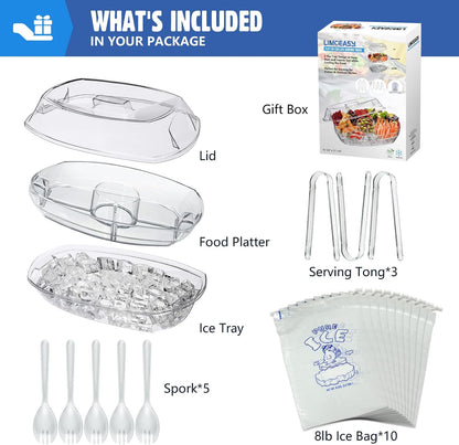 LIMOEASY Chilled Veggie Tray, 15 Inch Clear Party Platter with 4 Compartments, Ice Serving Bowl with Lid, Cold Food Buffet Server for Fruit, Vegetable, Appetizer, Shrimp